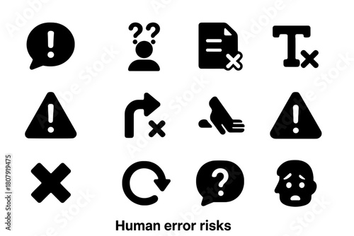 Human Error Icons. Human error risks. Solid icon set of Human error risks: exclamation bubble, confused person, misplaced document, typo symbol, warning