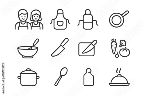 Cooking Duo Icons. Special occasion cooking duo. Line icon set of Special occasion cooking duo: two people, apron, chef hat, frying pan, mixing bowl, spatula,