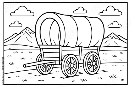 Covered Wagon Adventure. Western wagon trail children?s coloring book illustration, outlined drawing, covered wagon rolling across open plains with mountains