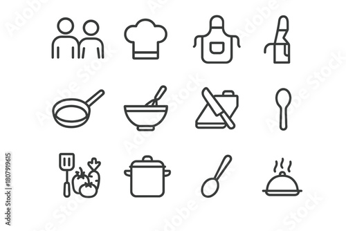 Special Occasion Cooking Icons. Special occasion cooking. Line icon set of Special occasion cooking: two people, chef hat, apron, frying pan, mixing bowl,