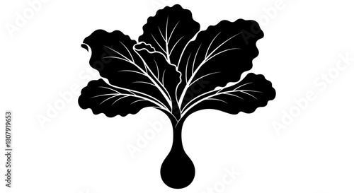 Black silhouette of a beet root vegetable with large, lush leafy greens on a white background.