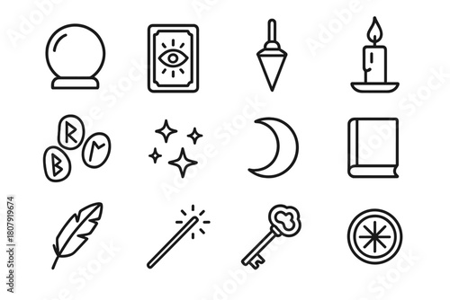 Divination Icon Grid. Divination tools. Line icon set of divination tools: crystal ball, tarot card, pendulum, candle, runes, stars, moon, book, feather, wand,