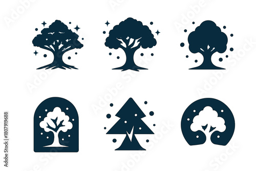 Magical Wish Tree Icons. A magical tree that grants wishes in an ancient forest. Icon set. Set Logo of Sparkling Orbs: Magic floating around tree. Stylized