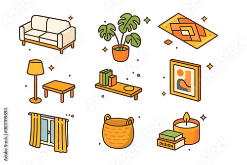 Minimalist Living Icons. Creating a minimalist living space. Colorful isometric vector icons set of Creating a minimalist living space: clean white sofa,