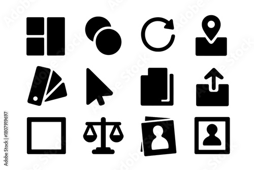 Black Icon Collage. Collage composition. Solid icon set of Collage composition: layout grid, overlapping shapes, rotation arrow, placement icon, color swatch,