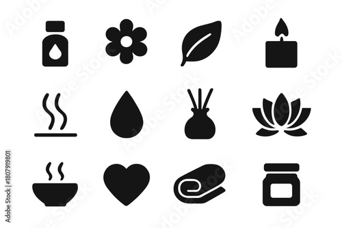 Aromatherapy Icon Set. Aromatherapy. Icon set. Set Logo of aromatherapy: steaming bowl symbolizing relaxation and healing. harmonious logo variations of the