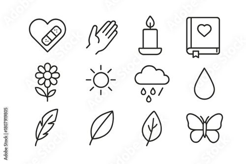 Emotional Healing Icons. Emotional healing. Line icon set of emotional healing: heart, bandage, hand, candle, journal, flower, sun, rain, tear, feather, leaf,