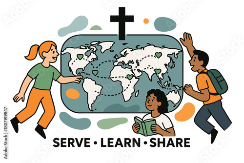 Global Mission Map. Global Mission Map. A gentle cross icon sits above a world map with dotted flight paths; small hearts mark partner communities. Text reads