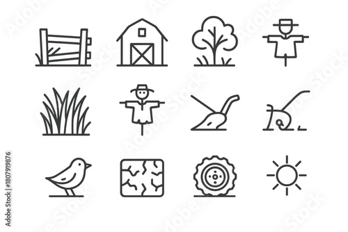 Overgrown Farmland Icons. Overgrown, Abandoned Farmland. Line icon set of Overgrown, Abandoned Farmland: broken fence, tall grass, barn, weeds, tree,