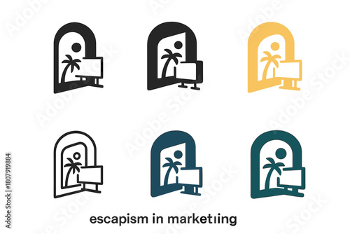 Escapism Marketing Logos. escapism in marketing. Icon set. Set Logo of escapism in marketing: portal-shaped advertisement. harmonious logo variations of the