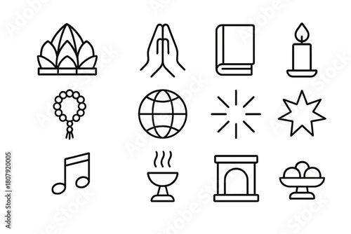 Baha'i Ritual Icons. Baha?i rituals. Line icon set of Baha?i rituals: temple, prayer, holy book, candle, prayer beads, globe, light rays, star