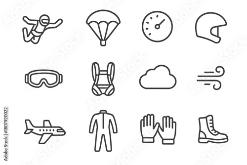 Skydiving Essentials Icons. Freefall. Line icon set of freefall: skydiver, parachute, altimeter, helmet, goggles, harness, cloud, wind gust,