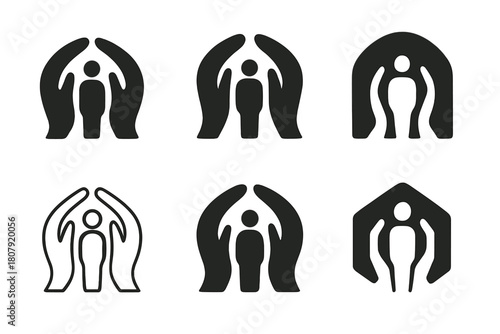 Depression Wall Logos. Wall of depression closing in around a figure. Icon set. Set Logo of wall of depression closing in around a figure: circular barrier of