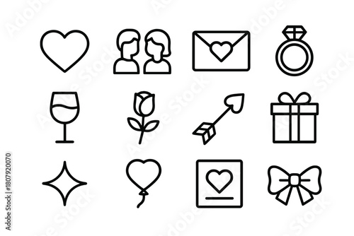Valentine Icon Set. Valentine?s Theme. Line icon set of Valentine?s Theme: heart, couple, letter, ring, wine glass, rose, cupid arrow, gift, sparkle, balloon,
