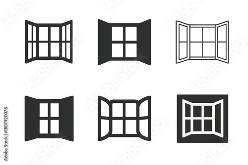 Open Window Icons. Open Window. Icon set. Set Logo of Open Window: Window frame with sunlight. harmonious logo variations of the same emblematic concept, each