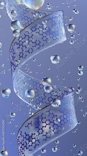 Transparent molecular ribbon helix with floating liquid drops