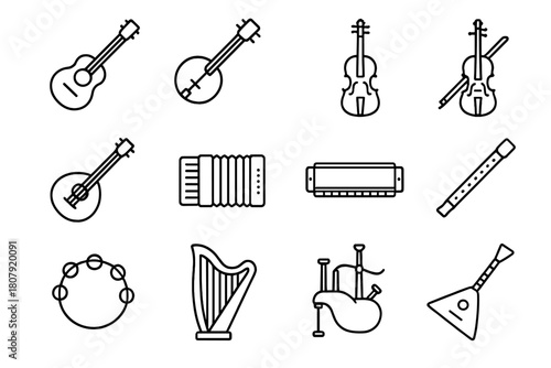 Folk Instrument Icons. Folk Instruments. Line icon set of Folk Instruments: guitar, banjo, accordion, fiddle, mandolin, flute, harmonica, drum, tambourine,
