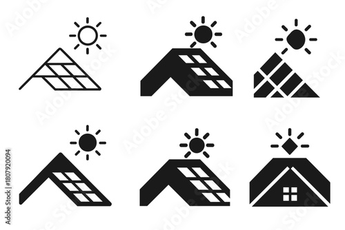 Solar Roofing Icons. Solar roofing systems. Icon set. Set Logo of solar roofing systems: installer hand with wrench over panel. harmonious logo variations of