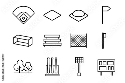 Baseball Field Icons. Baseball field. Line icon set of baseball field: diamond, base, pitcher mound, home plate, dugout, bleachers, fence, foul pole,