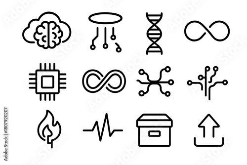Digital Immortality Icons. Digital immortality. Line icon set of digital immortality: brain in cloud, circuit halo, DNA strand, energy loop, memory chip,