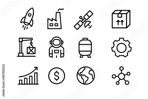 Space Industry Icons. Space Industry. Line icon set of Space Industry: rocket, factory, satellite, cargo box, crane, astronaut, fuel tank, gear, chart, coin,