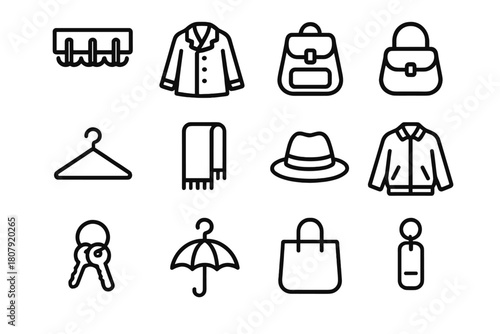 Coat Rack Icon Set. Coat rack organization. Line icon set of Coat rack organization: wall hook, coat, backpack, handbag, hanger, scarf, hat, jacket, keys,