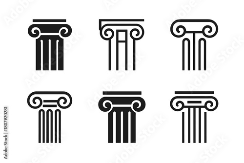 Decorative Column Logos. Slim columns. Icon set. Set Logo of slim columns: decorative capital. harmonious logo variations of the same emblematic concept, each