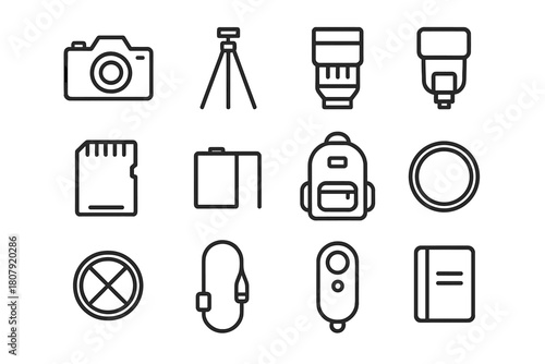 Photography Gear Icons. Photography gear. Line icon set of photography gear: camera, tripod, lens, flash, memory card, battery, backpack, filter, lens cap,