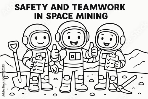Space Mining Adventure. Safety and teamwork in space mining children?s coloring book illustration, outlined drawing, team of astronauts giving thumbs-up