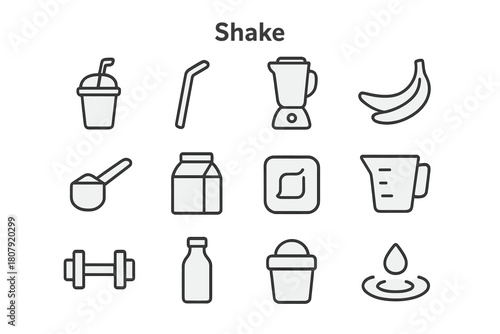 Shake Icon Set. Shake. Line icon set of shake: smoothie cup, straw, blender, banana, protein powder scoop, milk carton, ice cube, measuring cup, dumbbell,