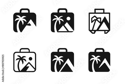 Travel Souvenir Logos. Travel souvenirs. Icon set. Set Logo of travel souvenirs: travel memories collage. harmonious logo variations of the same emblematic