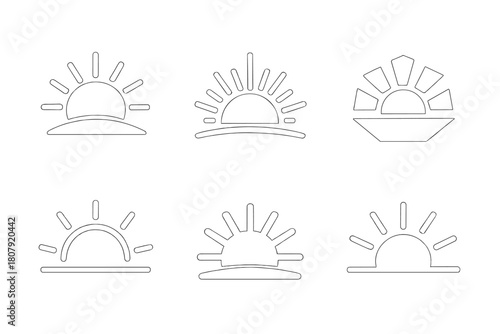 Sunrise Logo Variations. Bright light in dark. Icon set. Set Logo of bright light in dark: sunrise over horizon. harmonious logo variations of the same
