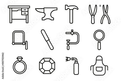 Jeweler's Tools Icons. Jeweler?s Bench. Line icon set of Jeweler?s Bench: workbench, anvil, hammer, pliers, saw, file, clamp, magnifying glass, ring, gemstone,
