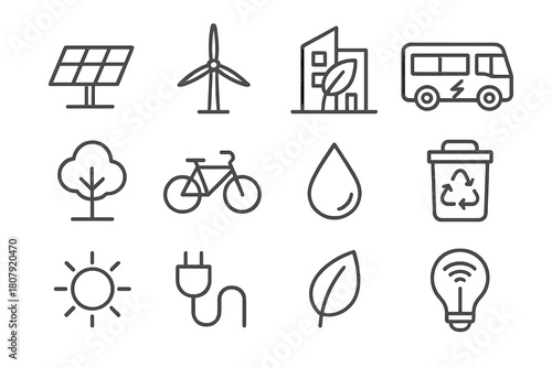 Sustainable City Icon Set. Sustainable city design. Line icon set of sustainable city design: green roof, solar panel, wind turbine, rainwater tank, recycling