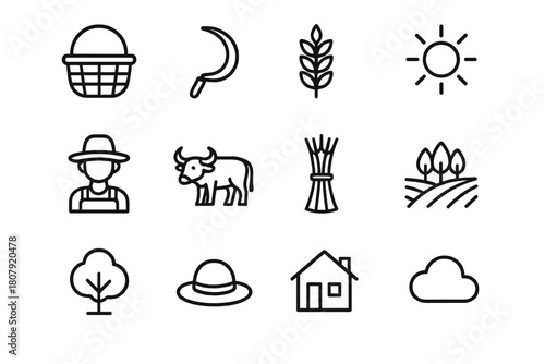 Harvest Icons Collection. Harvest season. Line icon set of harvest season: basket, sickle, grain, sun, farmer, water buffalo, sheaf, field, tree, hat, house,