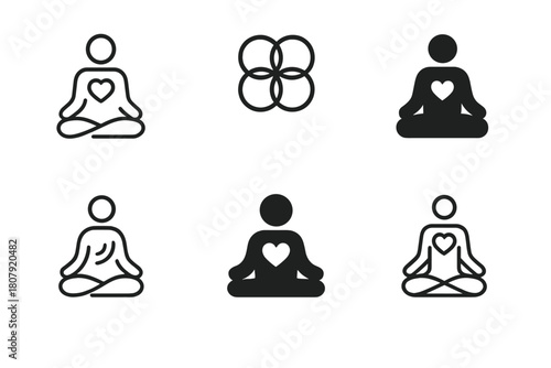 Meditation App Icons. using a meditation app. Icon set. Set Logo of using a meditation app: breathing animation symbol. harmonious logo variations of the same