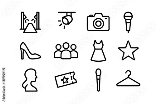 Fashion Show Icons. Fashion show. Line icon set of fashion show: runway, spotlight, camera, microphone, high heels, audience, dress, star, model silhouette,