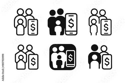 Family Finance Icons. Tracking family finances using an app. Icon set. Set Logo of tracking family finances using an app: family budget dashboard. harmonious