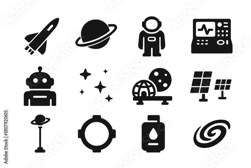 Future Space Icons. Future space travel. Solid icon set of Future space travel: spaceship, planet, astronaut, control console, AI robot, starfield, moon base,