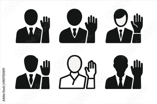 Courtroom Objection Logos. Lawyer Making Objections. Icon set. Set Logo of Courtroom Objection: attorney raising hand in court. harmonious logo variations of