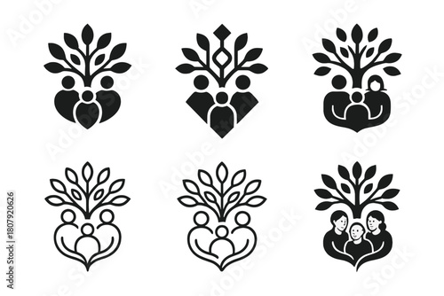Generations Care Emblems. elderly care within the family unit. Icon set. Set Logo of elderly care within the family unit: tree of generations symbol.