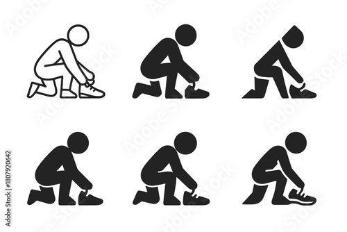 Jogging Shoe Logos. Tying shoelaces before jogging. Icon set. Set Logo of Tying shoelaces before jogging: Running shoe. harmonious logo variations of the same