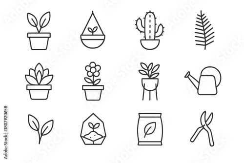 Indoor Greenery Icons. Indoor greenery. Line icon set of indoor greenery: potted plant, hanging planter, cactus, fern, succulent, flower pot, plant stand,