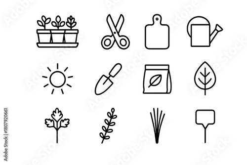 Kitchen Gardening Icons. Kitchen Gardening. Line icon set of Kitchen Gardening: herb pots, scissors, cutting board, watering can, sunlight, small trowel, soil