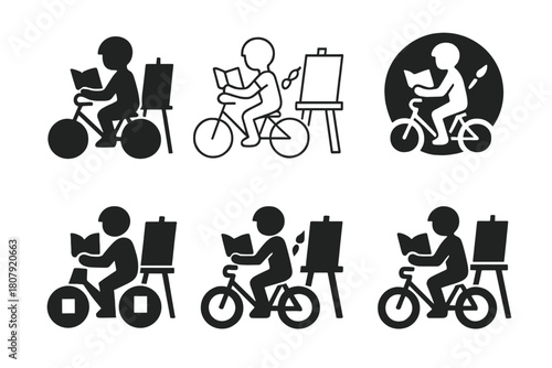 Children's Hobby Icons. Children's hobbies (reading, cycling, painting). Icon set. Set Logo of children's hobbies: outdoor cycling scene. harmonious logo