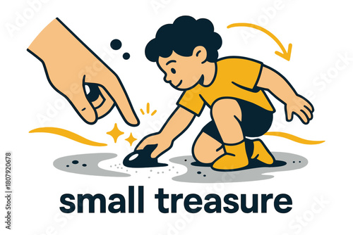 Pebble Beach Treasure. Pebble ? Beach Discovery. Child?s hand picks up a shiny stone from the wet sand; gentle sparkle icons mark the find. Caption ?small