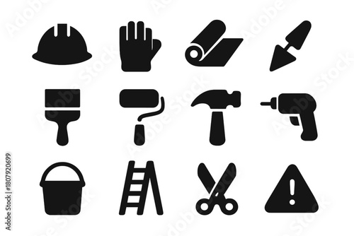 Construction Safety Icons. Construction site safety. Solid icon set of construction site safety: helmet, gloves, membrane roll, trowel, brush, roller, hammer,