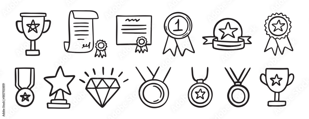 Obraz premium medal honor award related doodle hand drawn icon set. Outline drawing winner line clipart symbol collection