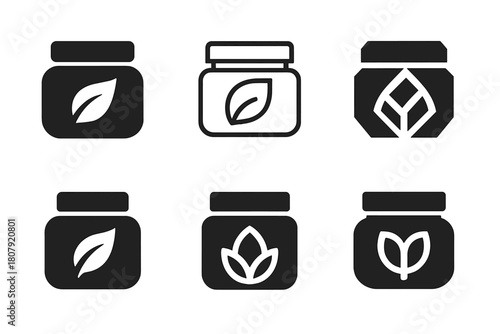 Moisturizer Jar Icons. Moisturizer jar mockup. Icon set. Set Logo of moisturizer jar mockup: jar with quality ribbon seal. harmonious logo variations of the