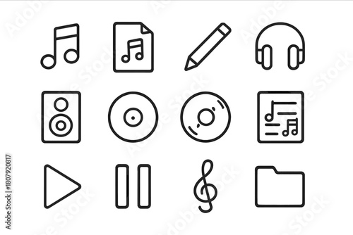 Digital Music Icons. Digital music playlist. Line icon set of Digital music playlist: music note, sheet of paper, pencil, headphones, speaker, record, CD,